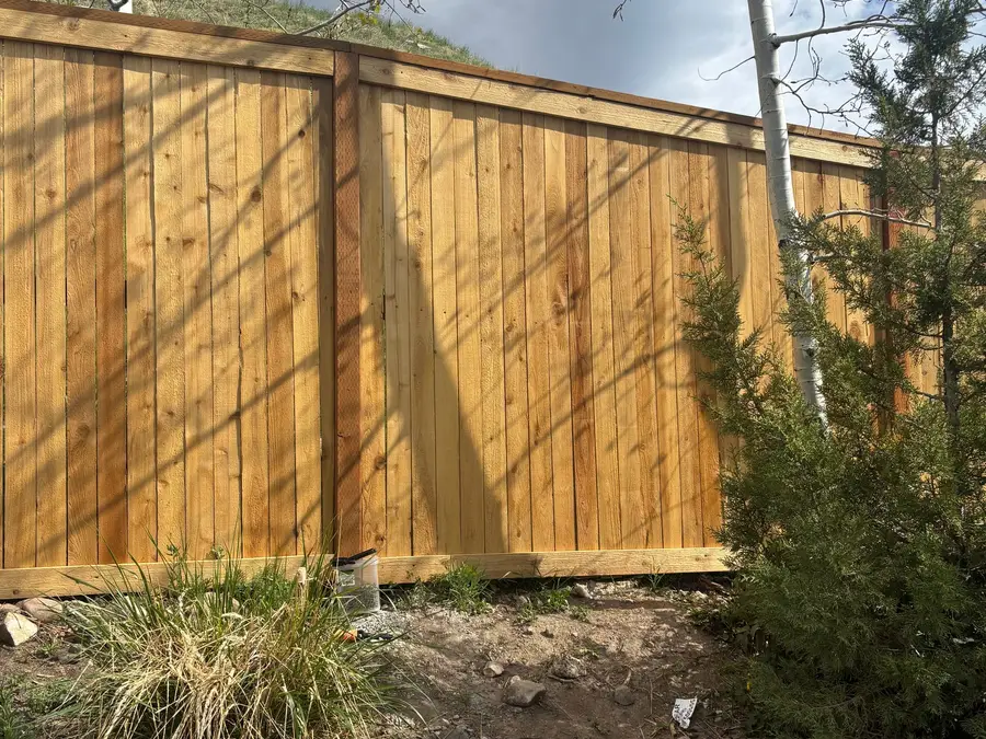 Cedar privacy fence beside young trees on a hillside